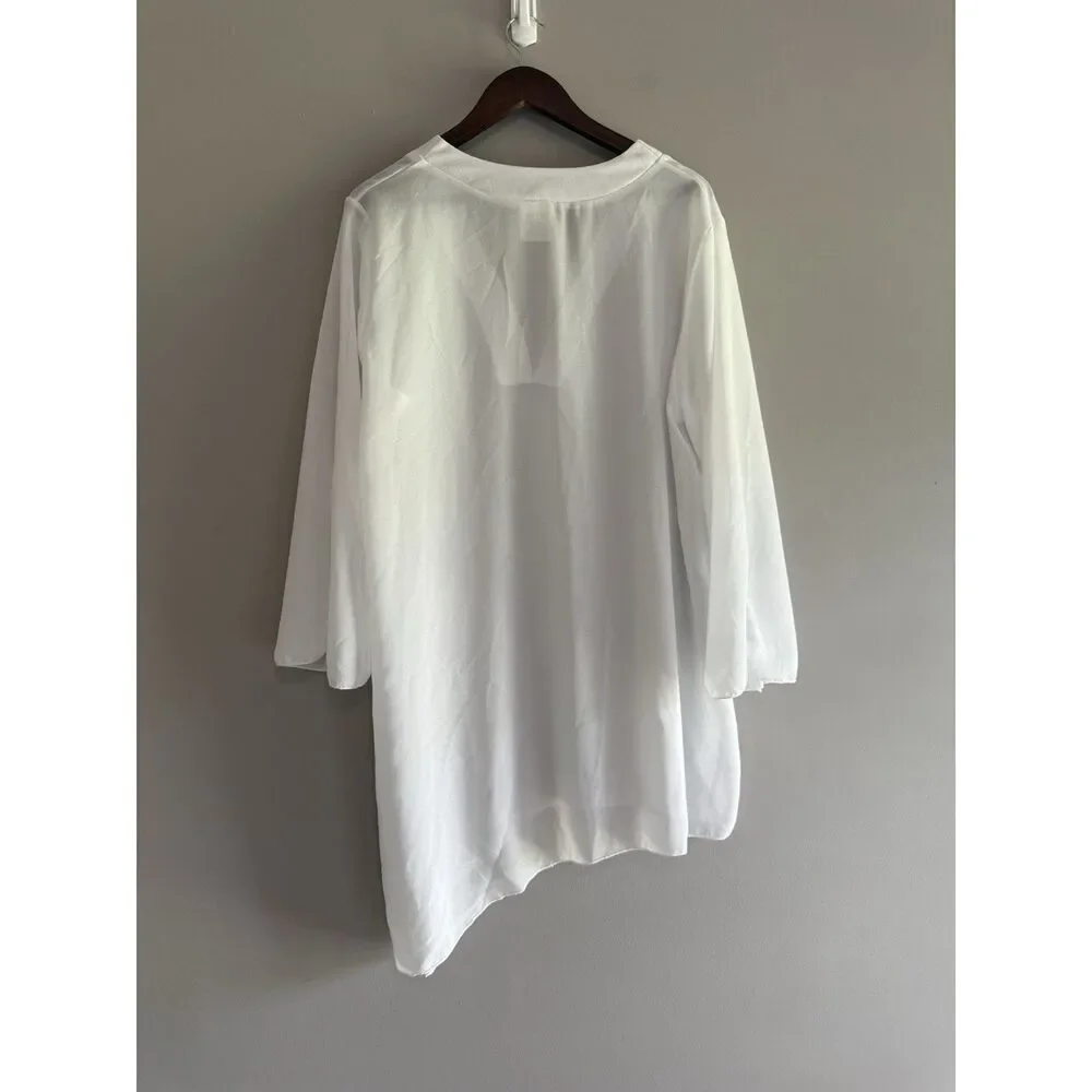 Shore Shapes White Sheer Beach Coverup Flare Sleeve Asymmetric Hem Relaxed 2X
